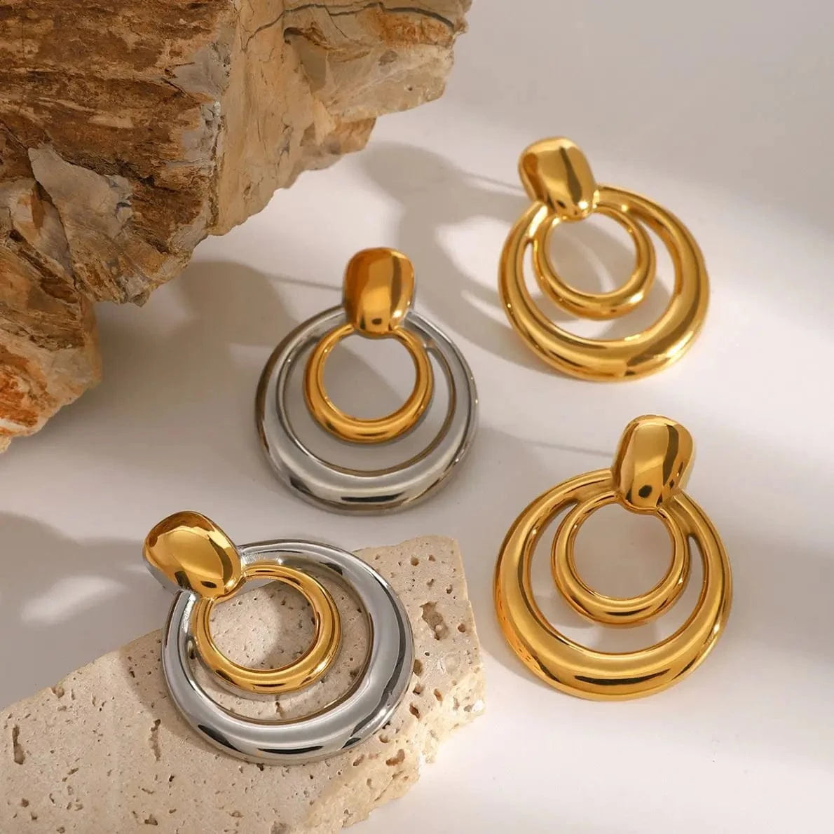 E2440 Fashion Jewelry 18K PVD Stainless Steel Gold Round Double Hollow Earrings