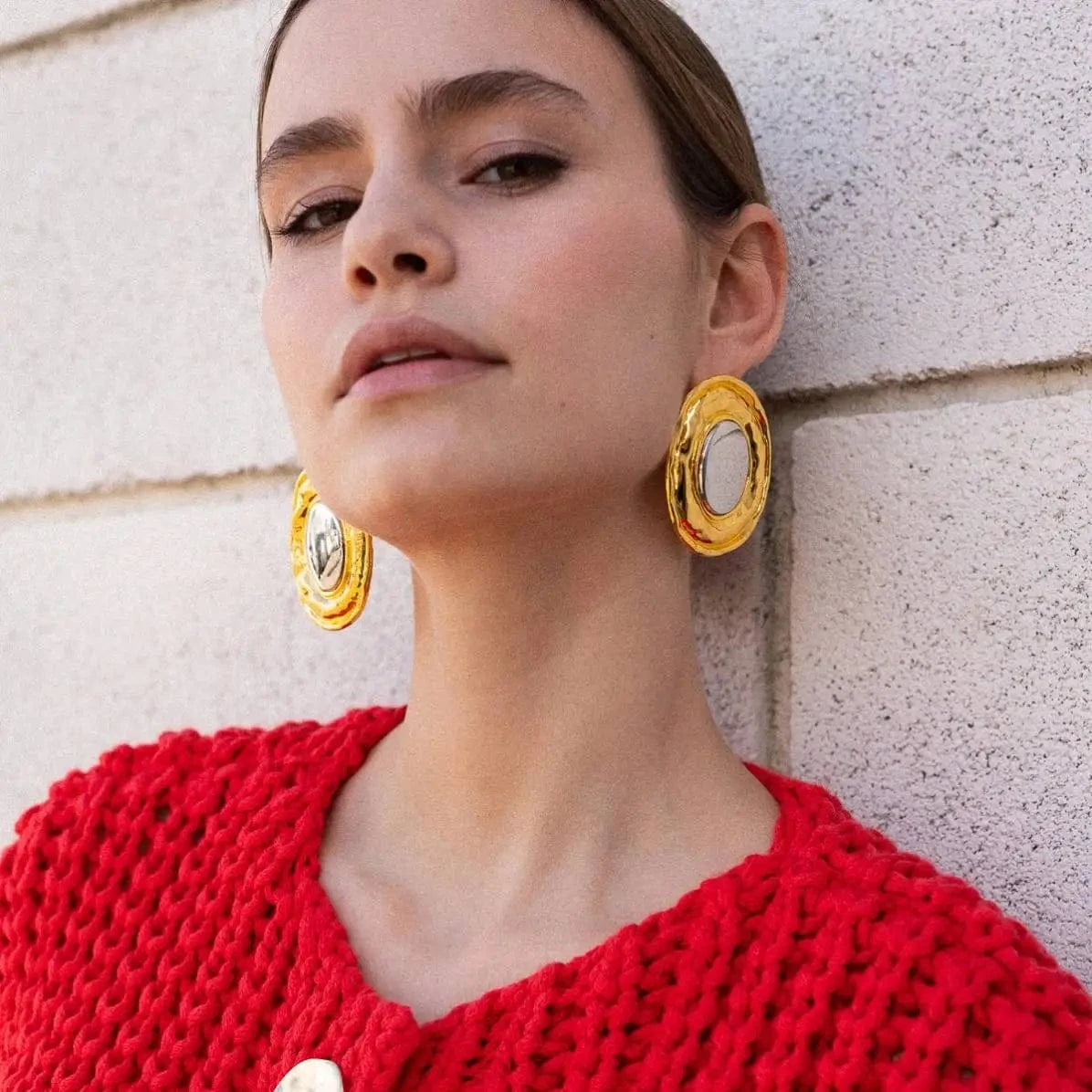 E2452 Statement Stainless Steel CC Earrings Luxury Korean 18k Gold Plated Jewelry Two Tone Colorblocked Gold Geometric Earrings