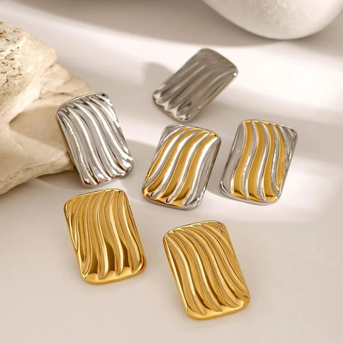 E2569 Jewelry Rectangular Two-tones Ribbing Earring 18k PVD Stainless steel Gold Plated Daily Wearing Earring
