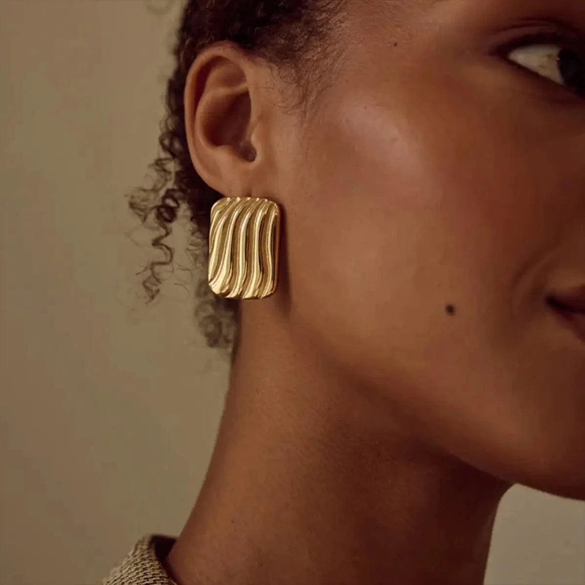 E2569 Jewelry Rectangular Two-tones Ribbing Earring 18k PVD Stainless steel Gold Plated Daily Wearing Earring
