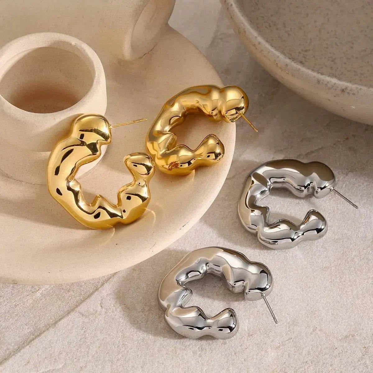 E2678 Jewelry CC Twist Hoop Earring 18K PVD Gold Plated Stainless Steel Irregular Circle Earring For Women