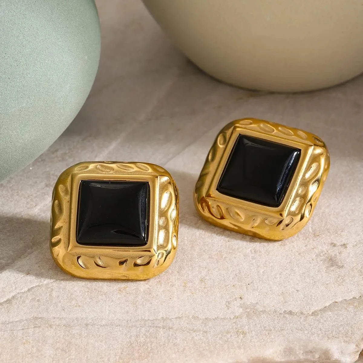 E2679 Jewelry Red Black Agate Drop Earring 18K PVD Gold Plated Stainless Steel Semi Texture Stone Earring