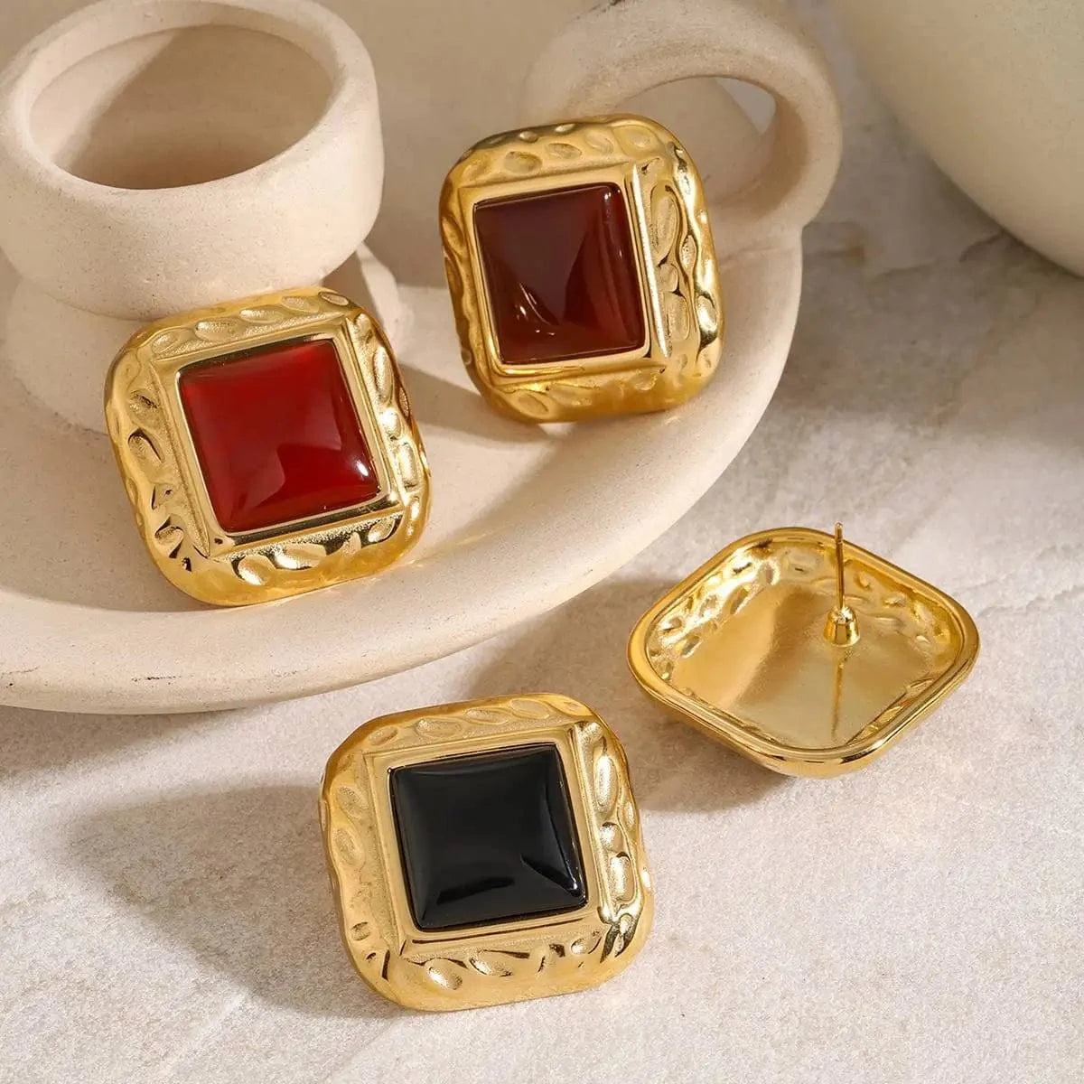 E2679 Jewelry Red Black Agate Drop Earring 18K PVD Gold Plated Stainless Steel Semi Texture Stone Earring