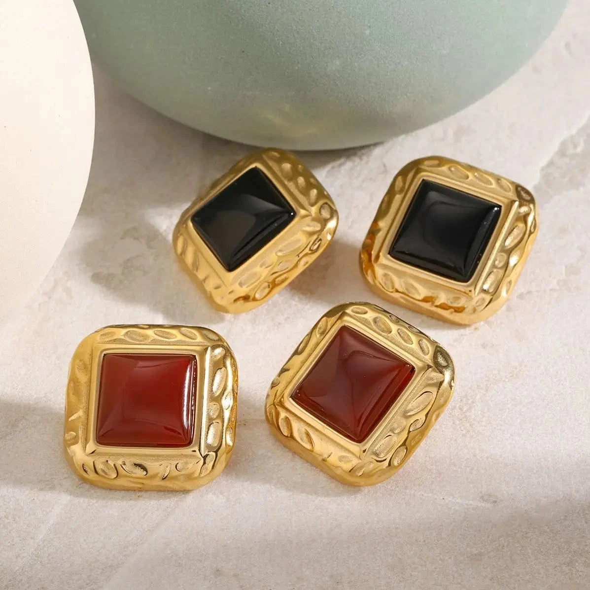 E2679 Jewelry Red Black Agate Drop Earring 18K PVD Gold Plated Stainless Steel Semi Texture Stone Earring