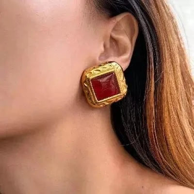 E2679 Jewelry Red Black Agate Drop Earring 18K PVD Gold Plated Stainless Steel Semi Texture Stone Earring