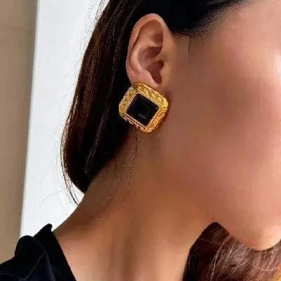 E2679 Jewelry Red Black Agate Drop Earring 18K PVD Gold Plated Stainless Steel Semi Texture Stone Earring