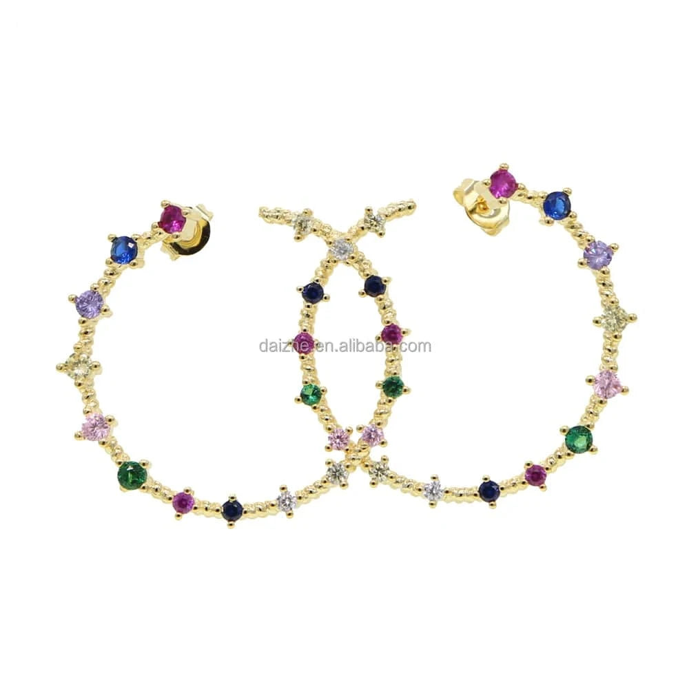 E639-G Promotion mulit color cubic zirconia cz paved circle hoop earrings geometric simple gorgeous women rainbow stud earring jewelry