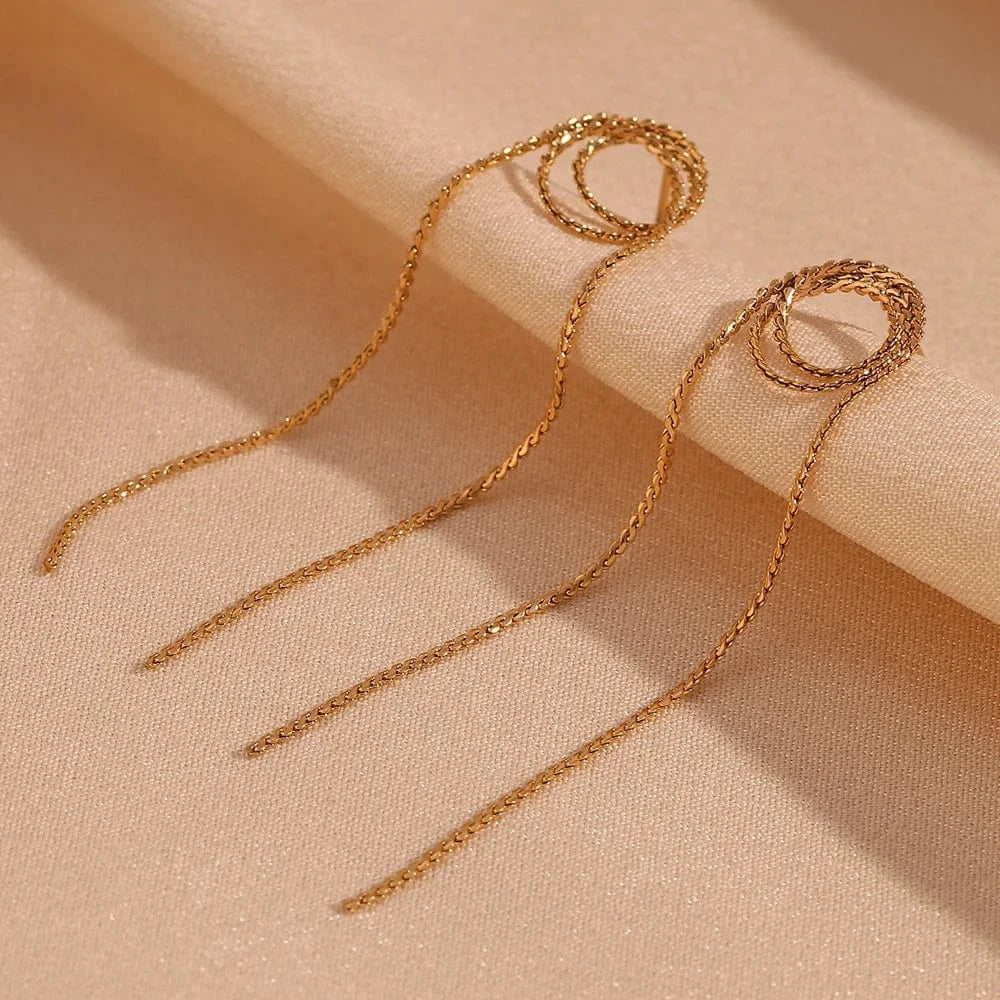 E7417_Gold Minimalist Jewelry Gold Plated Tassel Earrings For Women Waterproof Tarnish Free Jewelry Stainless Steel Earrings