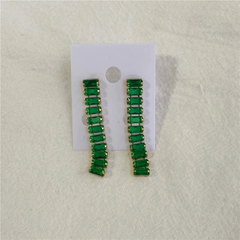 earring green 34mm Luxury Non Tarnish & Waterproof Shiny Baguette Tennis 18K Gold Plated Statement Zirconia Stainless Steel crystal Jewelry