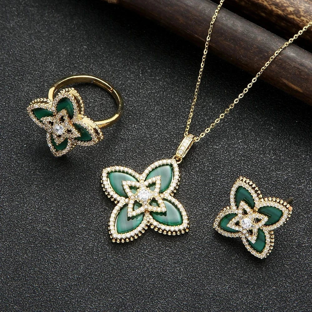 earring/necklace-9 Plated Wedding Du Bai Jewelry Sets Four Leaf Clover Jewelry Gold Elegant Luxury and Trendy Women Flower TOPAZ Jewelry AAA Zircon