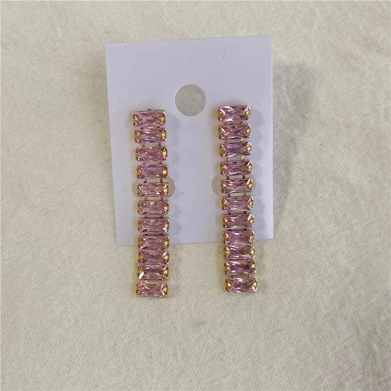 earring pink 34mm Luxury Non Tarnish & Waterproof Shiny Baguette Tennis 18K Gold Plated Statement Zirconia Stainless Steel crystal Jewelry