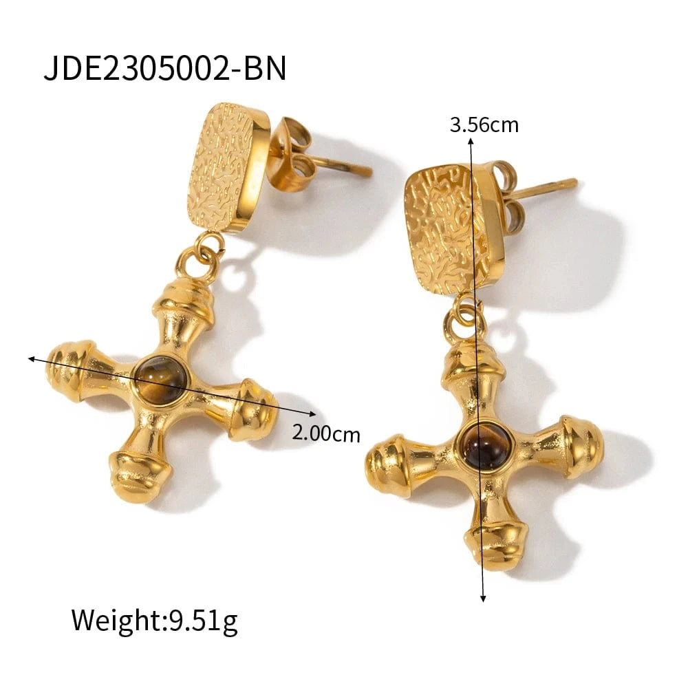 earrings CLASSIC / E2496-2 Religious Classic Cross Earrings Tiger Eye Green Agate Stone Pendant 18k Stainless Steel