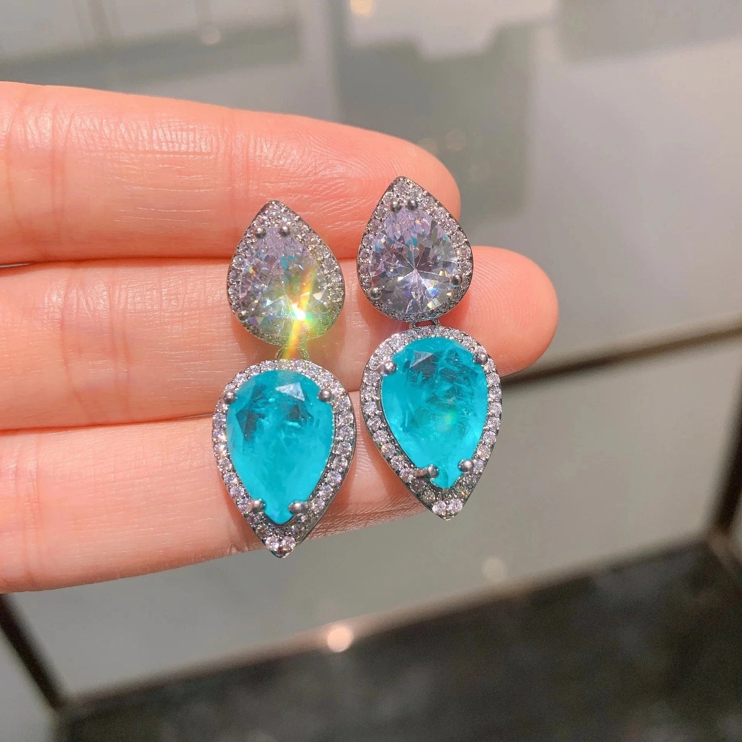 earrings Hot sell luxury blue brazil Fusion stone waterdrop zirconia wedding engagement jewellery set new product 2024