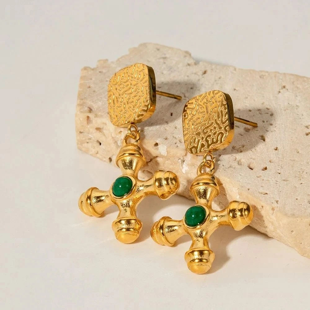 earrings Religious Classic Cross Earrings Tiger Eye Green Agate Stone Pendant 18k Stainless Steel