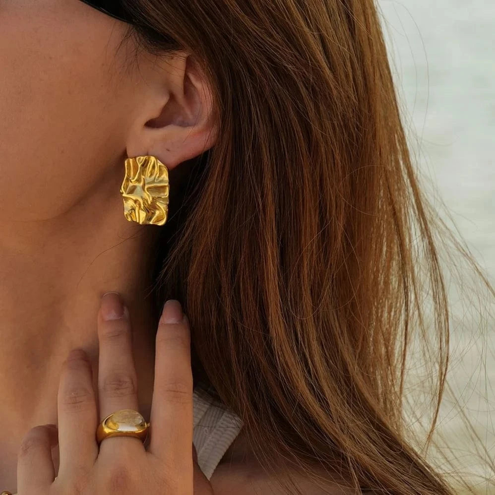 earrings TRENDY / E2498 Rectangle Crinkle Hammered Texture Stud Earrings