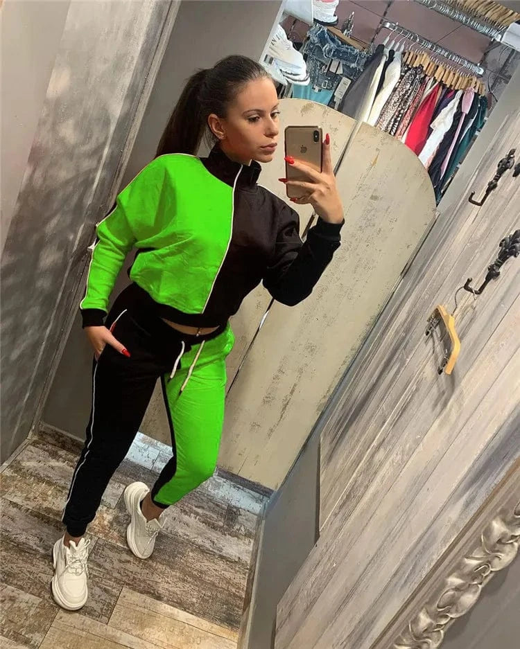 EB-20102601 High Quality Ladies Sweatsuit Long Sleeve Patchwork Jackets Fall Women Two Piece Pants Set