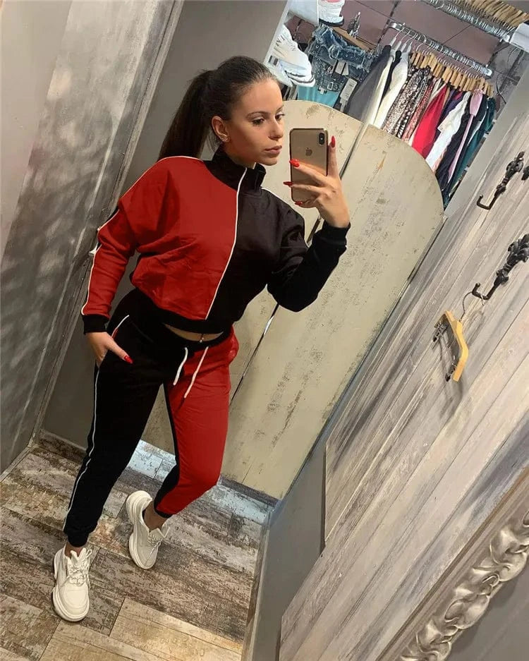 EB-20102601    High Quality Ladies Sweatsuit Long Sleeve Patchwork Jackets Fall Women Two Piece Pants Set