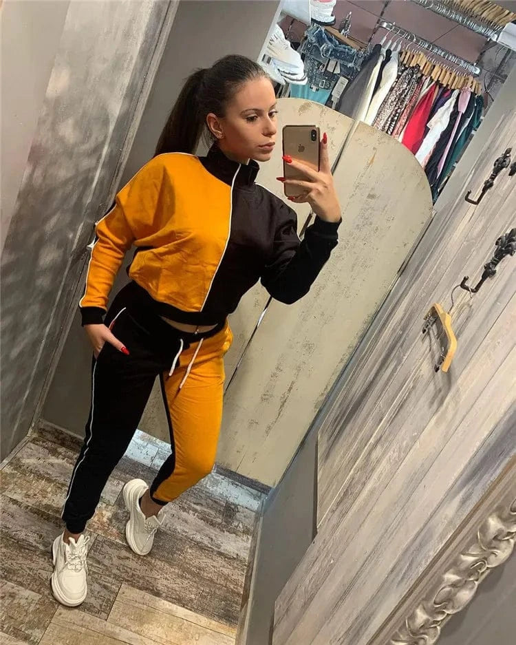 EB-20102601    High Quality Ladies Sweatsuit Long Sleeve Patchwork Jackets Fall Women Two Piece Pants Set