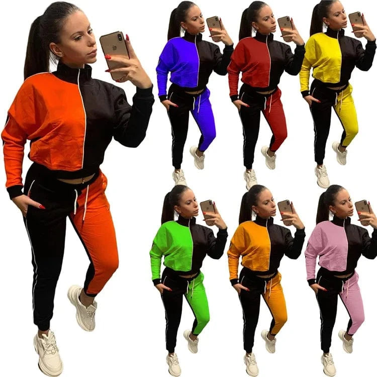 EB-20102601 High Quality Ladies Sweatsuit Long Sleeve Patchwork Jackets Fall Women Two Piece Pants Set