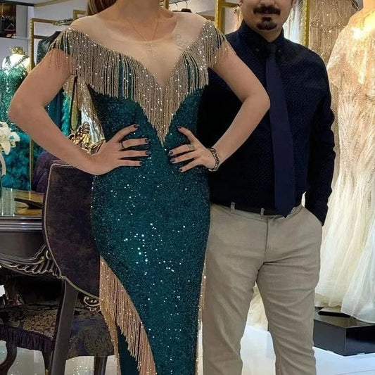 ED2093 Trendy beading sequined mint sexy slit woman dresses formal elegant party