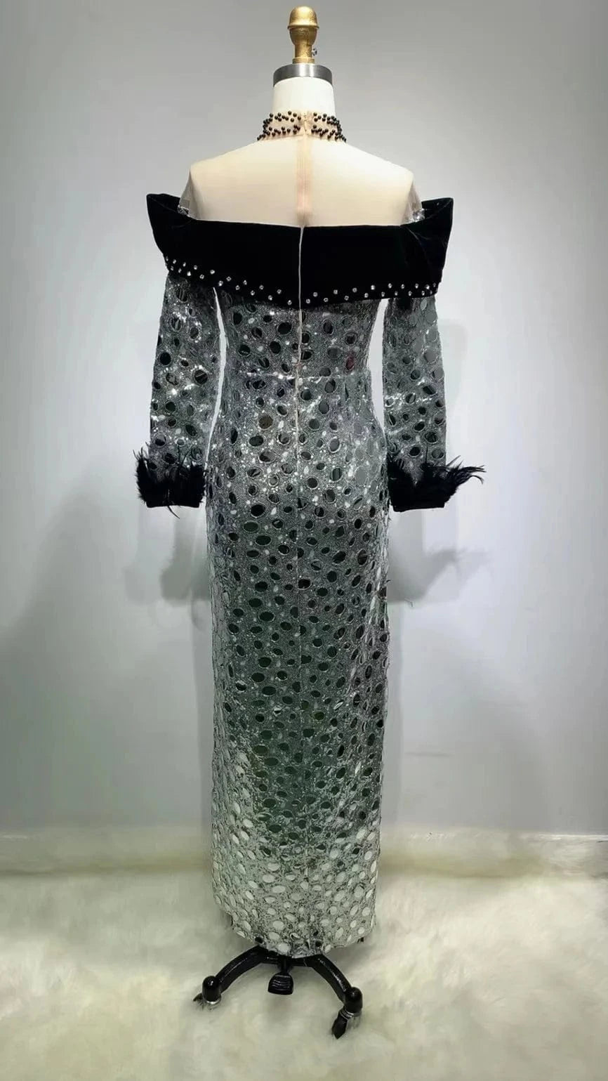 ED2226 Kimshein Women Elegant Mesh Velvet Occasion Thigh Split Maxi Sequin Beaded Dress Party Gowns Evening Winter Party Dresses