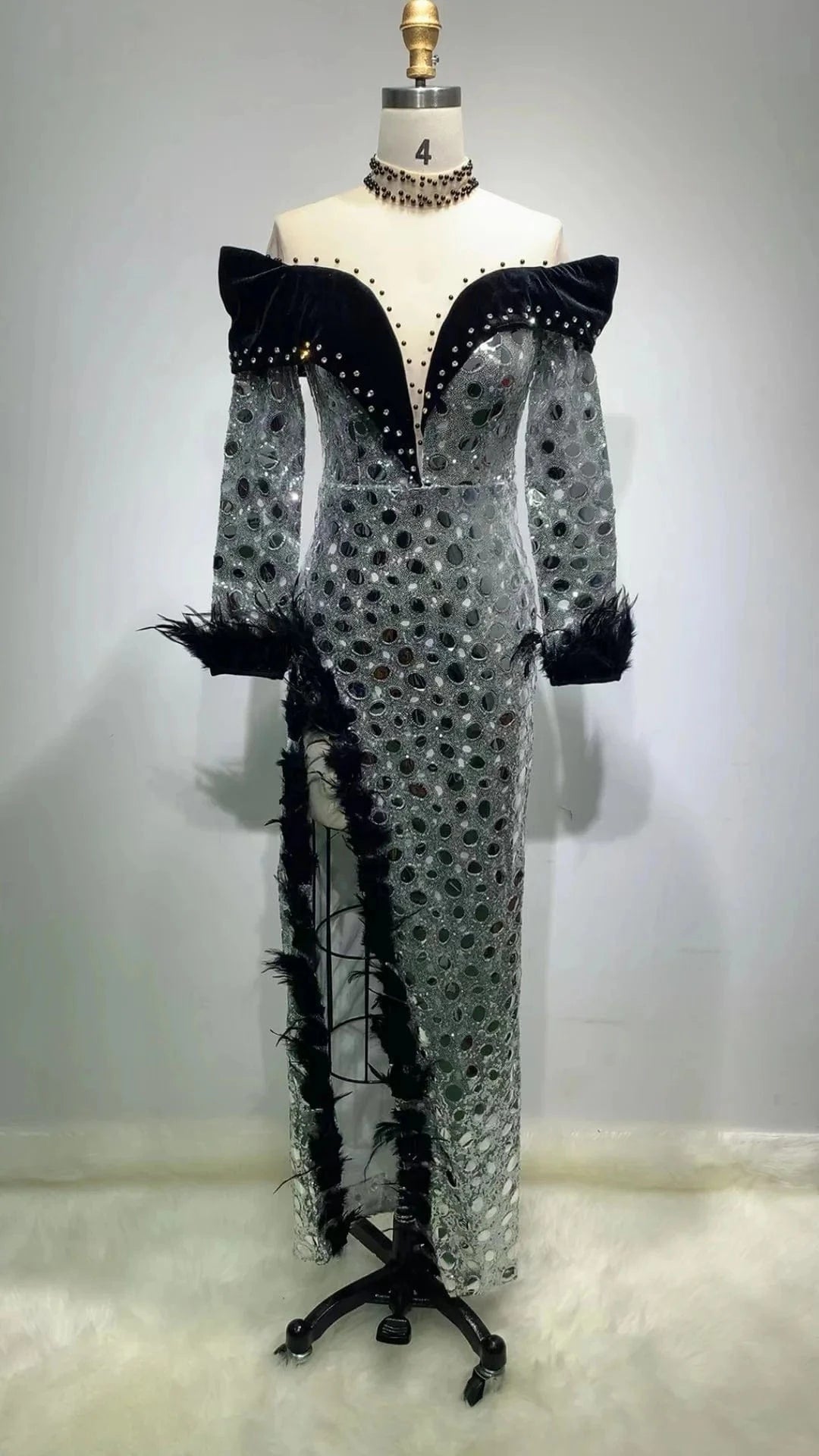 ED2226 Kimshein Women Elegant Mesh Velvet Occasion Thigh Split Maxi Sequin Beaded Dress Party Gowns Evening Winter Party Dresses