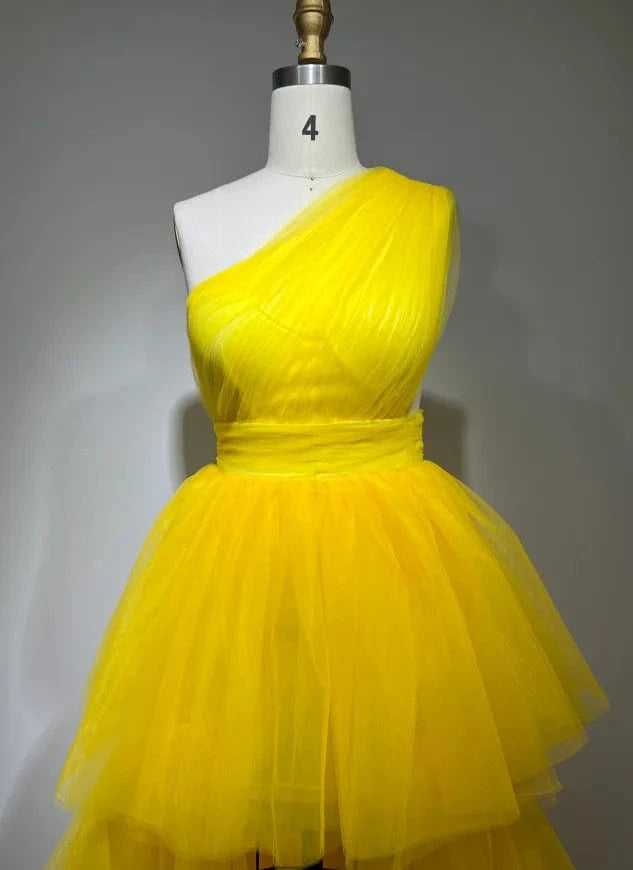 ED2408 Yellow Luxury Evening Dress One Shoulder Sleeveless Mesh Dress Fashion Trending Products New Arrivals