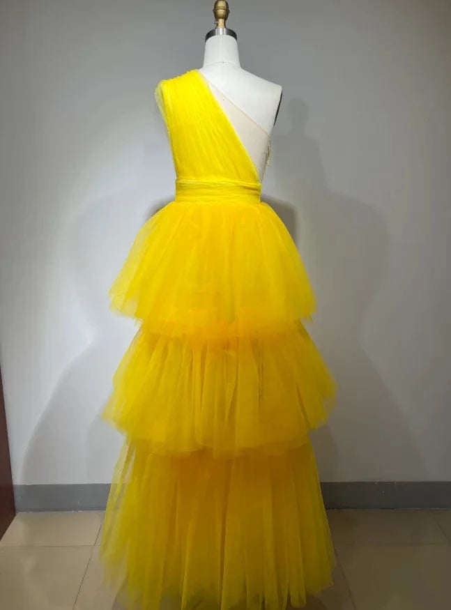 ED2408 Yellow Luxury Evening Dress One Shoulder Sleeveless Mesh Dress Fashion Trending Products New Arrivals