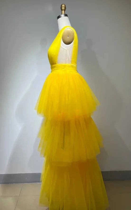 ED2408 Yellow Luxury Evening Dress One Shoulder Sleeveless Mesh Dress Fashion Trending Products New Arrivals