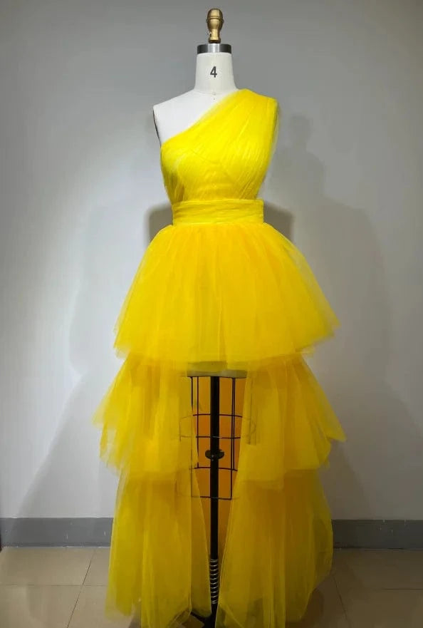 ED2408 Yellow Luxury Evening Dress One Shoulder Sleeveless Mesh Dress Fashion Trending Products New Arrivals