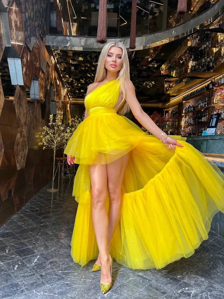 ED2408 Yellow Luxury Evening Dress One Shoulder Sleeveless Mesh Dress Fashion Trending Products New Arrivals