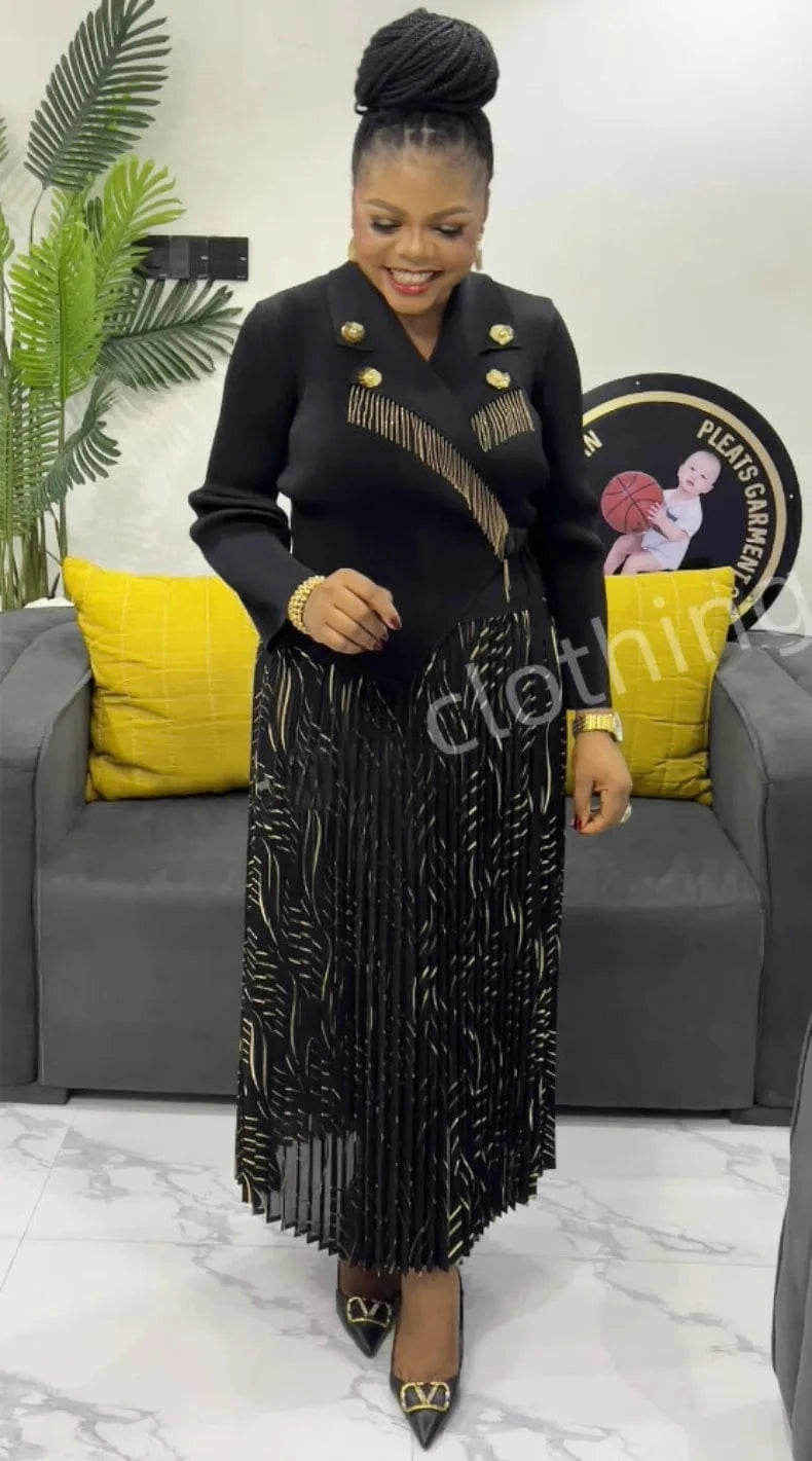 EGRM Elegant Banquet Pleated A-line Dress Suit Collar Mid To Long Style Waist Cinching Slimming Women Folds Skirt 2025 New 6G598