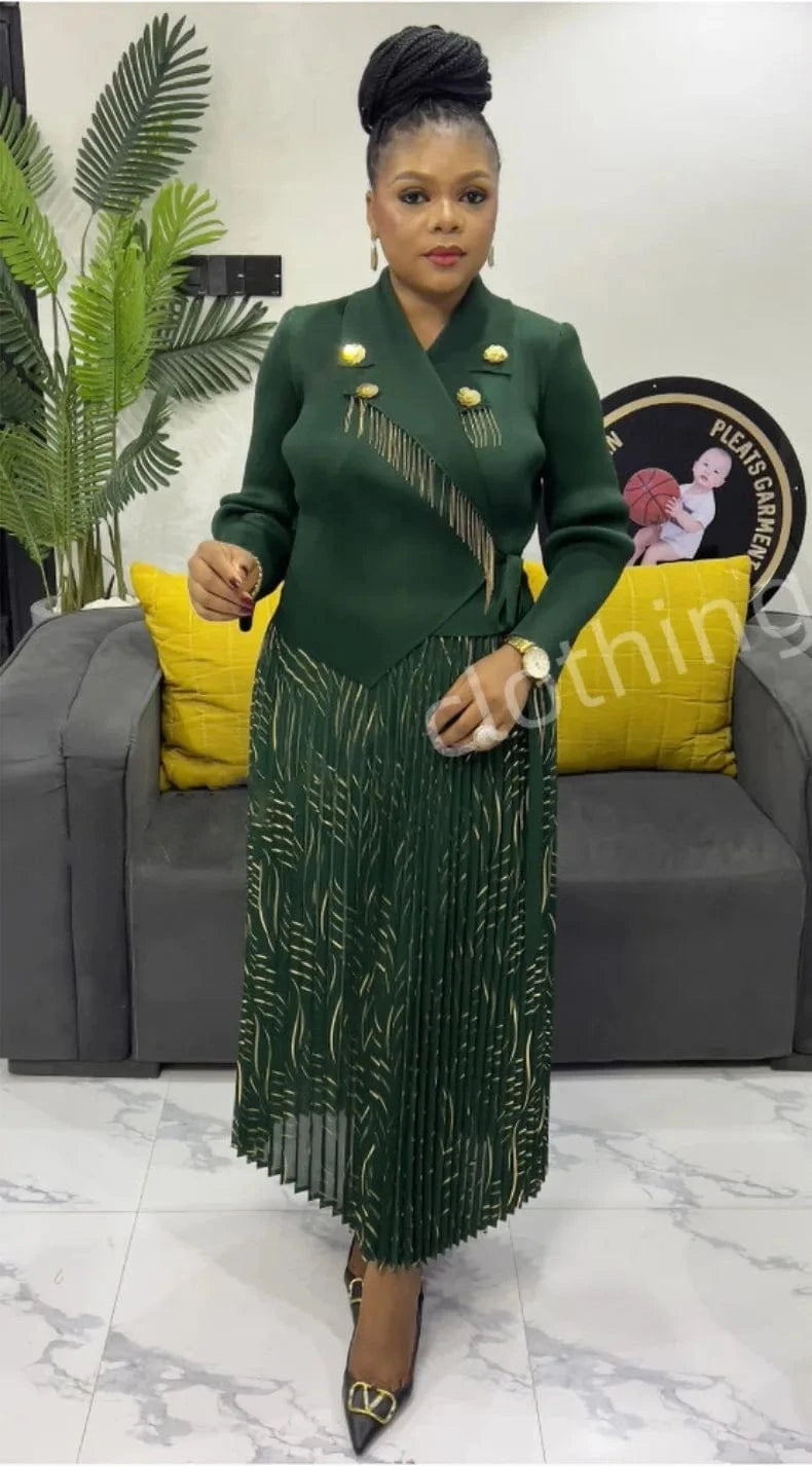 EGRM Elegant Banquet Pleated A-line Dress Suit Collar Mid To Long Style Waist Cinching Slimming Women Folds Skirt 2025 New 6G598