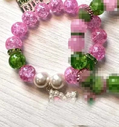 elastic bracelet / 19.5CM / Pink leaf bracelet Customized Pink and Green Rhinestones Beads Greek Letter Charm Elastic Sorority Charm Women Bracelets Jade Bracelets