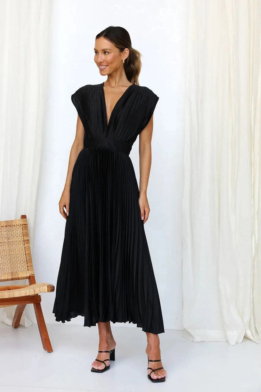 Elegance Draped V-Neck Pleated Skirt Dress 2025 Women Solid Strapless Backless Patchwork Loungewear Simple Maxi Dress