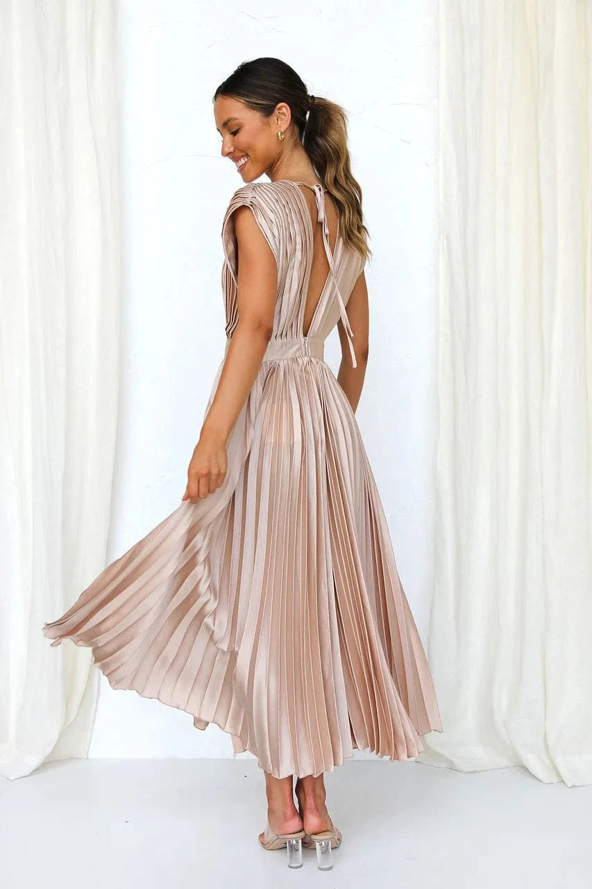 Elegance Draped V-Neck Pleated Skirt Dress 2025 Women Solid Strapless Backless Patchwork Loungewear Simple Maxi Dress