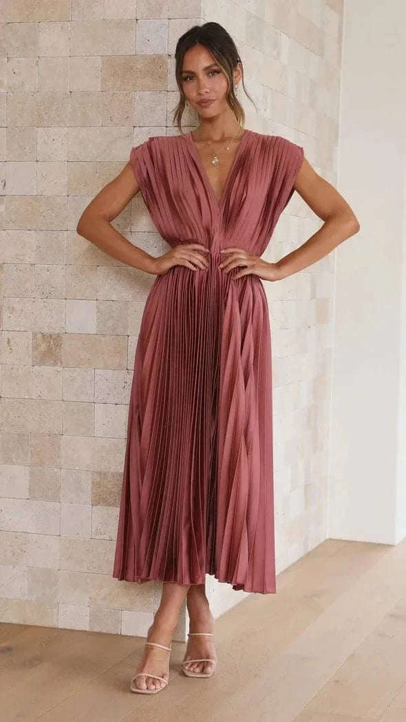 Elegance Draped V-Neck Pleated Skirt Dress 2025 Women Solid Strapless Backless Patchwork Loungewear Simple Maxi Dress