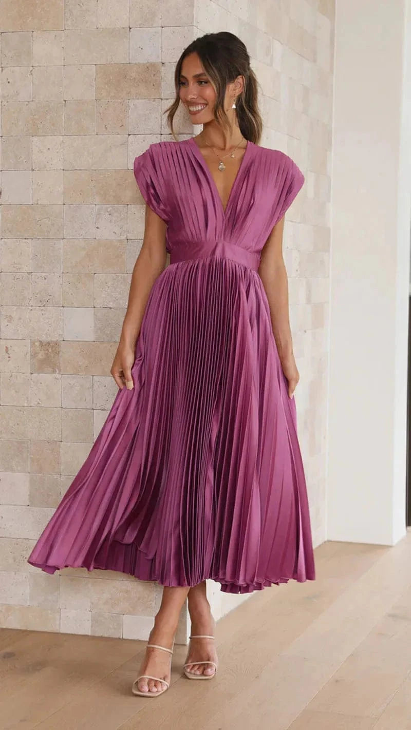 Elegance Draped V-Neck Pleated Skirt Dress 2025 Women Solid Strapless Backless Patchwork Loungewear Simple Maxi Dress