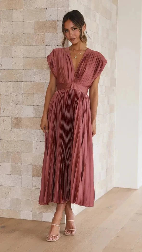 Elegance Draped V-Neck Pleated Skirt Dress 2025 Women Solid Strapless Backless Patchwork Loungewear Simple Maxi Dress