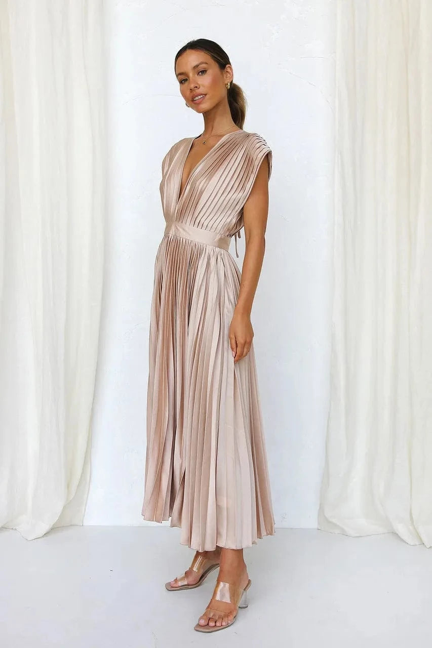 Elegance Draped V-Neck Pleated Skirt Dress 2025 Women Solid Strapless Backless Patchwork Loungewear Simple Maxi Dress