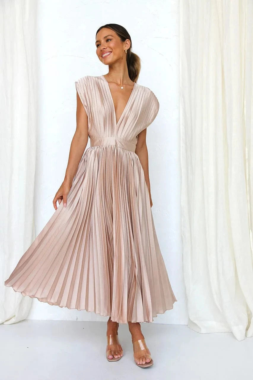 Elegance Draped V-Neck Pleated Skirt Dress 2025 Women Solid Strapless Backless Patchwork Loungewear Simple Maxi Dress
