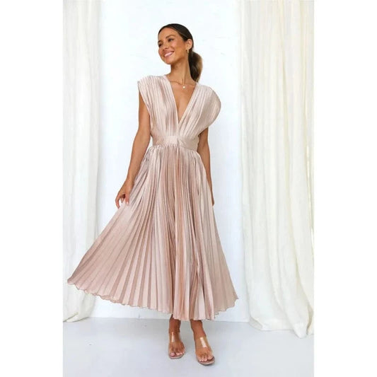 Elegance Draped V-Neck Pleated Skirt Dress 2025 Women Solid Strapless Backless Patchwork Loungewear Simple Maxi Dress