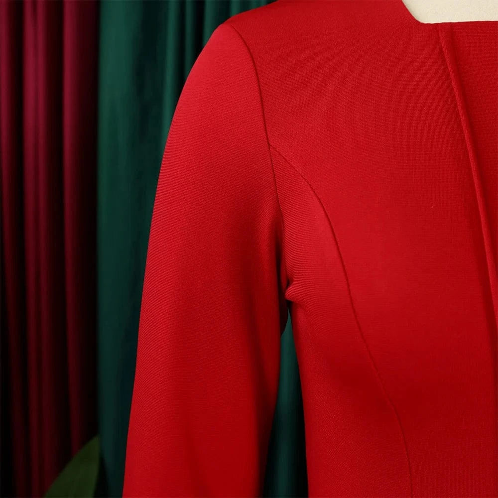 Elegant Bodycon Dresses for Women Square Neck Full Sleeve Ruffles Package Hips Mid Calf Formal Business Work Vestidos Mujer Robe