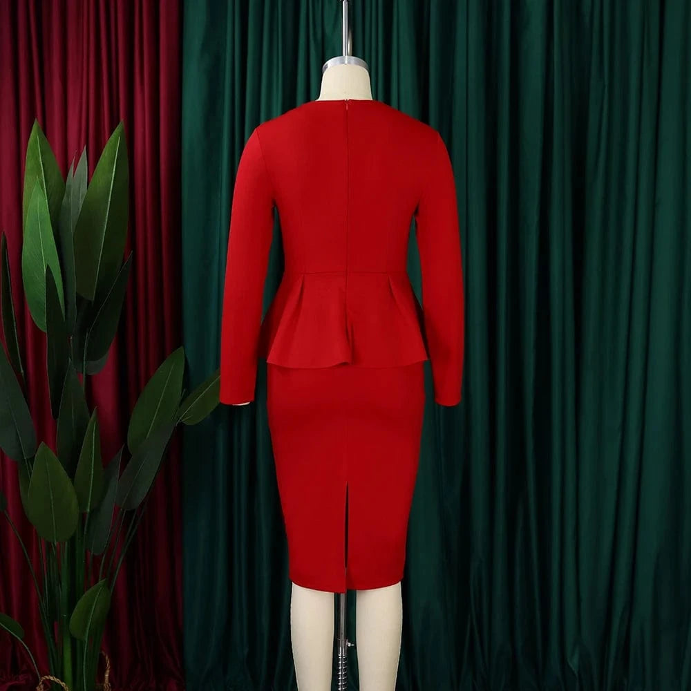 Elegant Bodycon Dresses for Women Square Neck Full Sleeve Ruffles Package Hips Mid Calf Formal Business Work Vestidos Mujer Robe