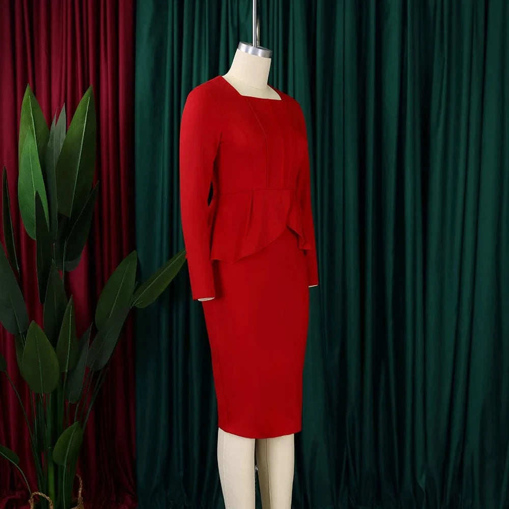 Elegant Bodycon Dresses for Women Square Neck Full Sleeve Ruffles Package Hips Mid Calf Formal Business Work Vestidos Mujer Robe