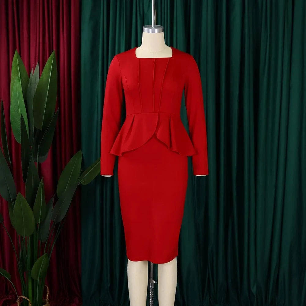Elegant Bodycon Dresses for Women Square Neck Full Sleeve Ruffles Package Hips Mid Calf Formal Business Work Vestidos Mujer Robe
