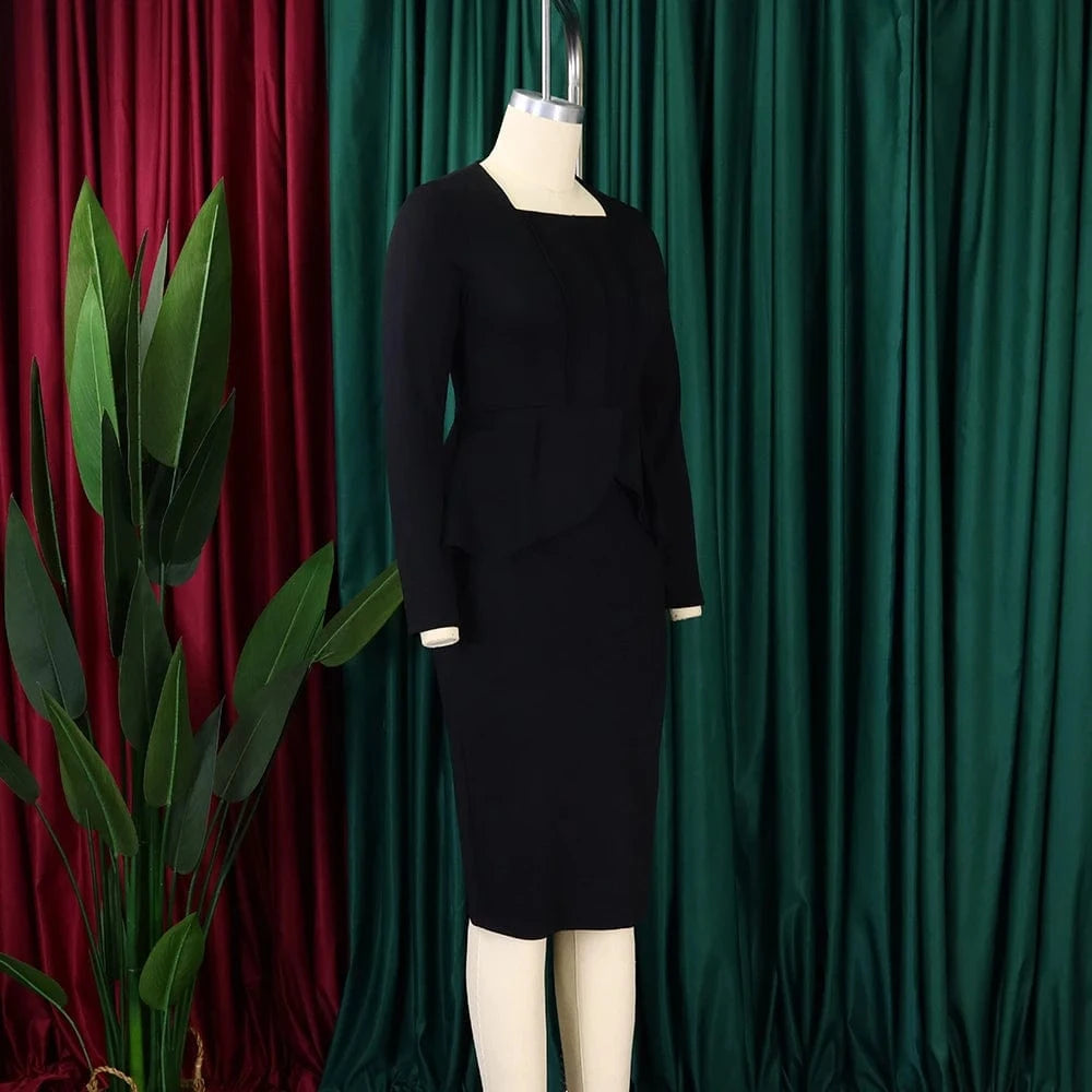 Elegant Bodycon Dresses for Women Square Neck Full Sleeve Ruffles Package Hips Mid Calf Formal Business Work Vestidos Mujer Robe
