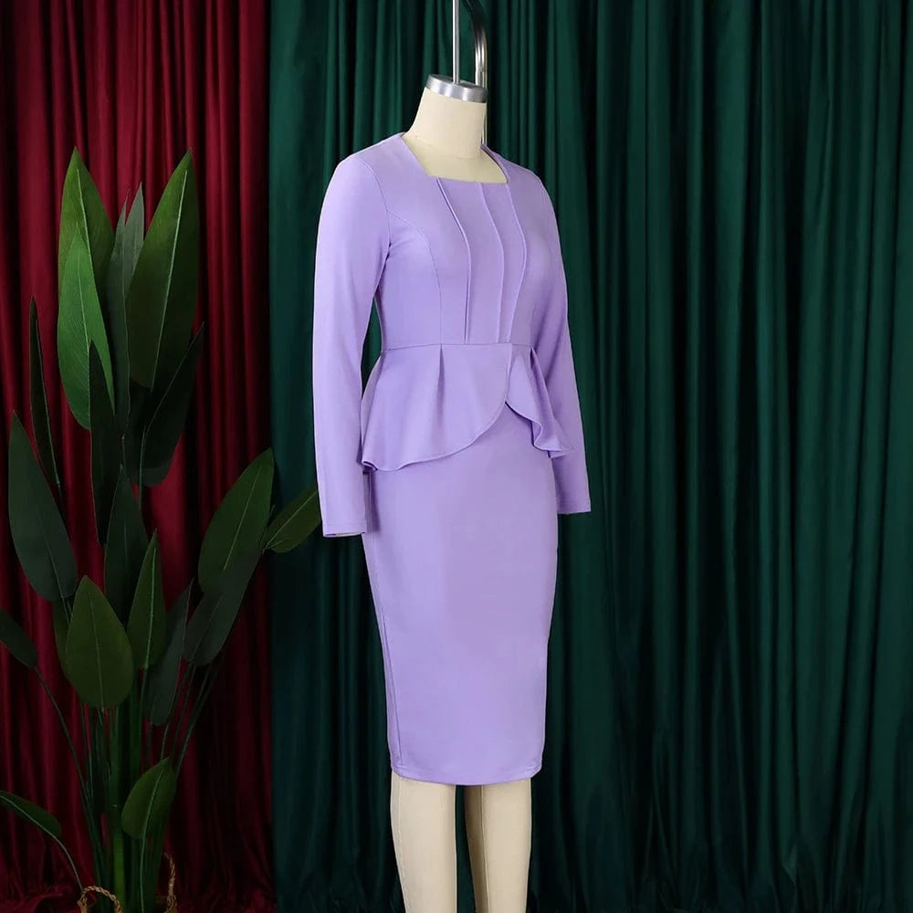 Elegant Bodycon Dresses for Women Square Neck Full Sleeve Ruffles Package Hips Mid Calf Formal Business Work Vestidos Mujer Robe