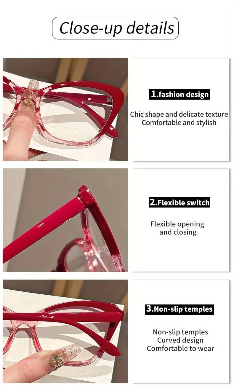 Elegant Cat Eye Reading Glasses for Women - Chic Color Block Frame Clear Lens Fashionable Computer Screen Presbyopia  1.0 to 4.0