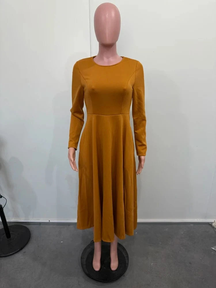 Elegant Church Dresses for Woman 2025 Fall Long Sleeve O Neck High Waisted A-Line Midi Calf Party Cocktail Dress with Pockets